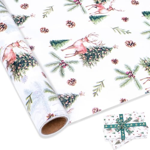 Larcenciel Carta Velina Rotolo, Carta Velina per Imballaggio Stampa di Renne, Alberi di Natale, Pigne,Pacchi Regalo per Matrimoni, Feste, Compleanno, Vacanze, DIY,10M×43CM