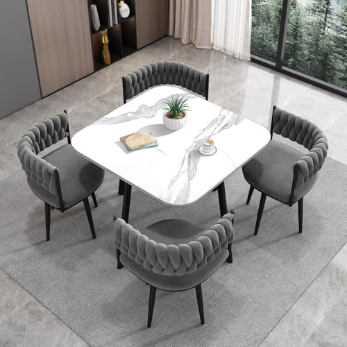 VTELGT Marble Dining Table and Chairs Set 4, 5 Piece Modern Dining Table Set, Rock Slab Tabletop with 4 Weave Velvet Chairs for Space Saving,White Square Grey