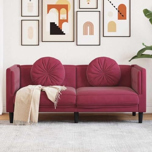 KTHLBRH 2-Sitzer-Sofa mit Kissen, roter Samt, gepolstert, weich, für Wohnzimmer