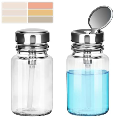 2-Pack 100ml/3.38oz Clear Glass Pump Dispenser Bottle with Metal Flip Top, Nail Polish Remover/Makeup Remover Refillable Press Container, 3.98×1.97 Inch Compact Size for Home, Travel & Salon