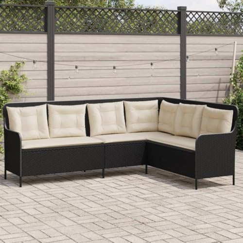 QJBSAVVA Gartensofa L-Form Schwarz 221x163x90 cm Poly-Rattan Outdoor Sofa mit abnehmbaren Cremeweißen Kissen Robustes Stahlgestell UV-beständige Gartenlounge für Terrasse Balkon und Patio