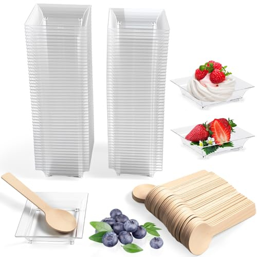 SLTAXAR Lot de 100 petites assiettes à apéritif avec cuillères en bois - 6,2 x 4,5 x 1,5 cm - Mini assiettes à dessert - Bols à dégustation - Coupes Parfait - En plastique transparent - Réutilisables