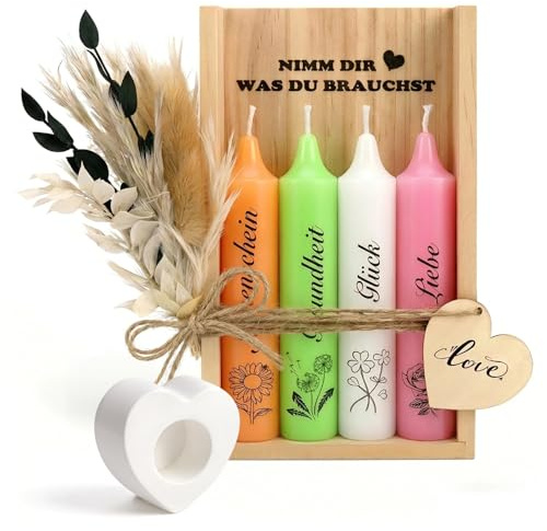 Geschenke für Frauen | Kerzen Geschenk für Freundin Beste Freunde Kerzensatz mit Kerzenhalter Holzkiste Trockene Blumen für Mutter Schwester Oma Geburtstagsgeschenk für Mädchen (Kerzengeschenkbox-1)
