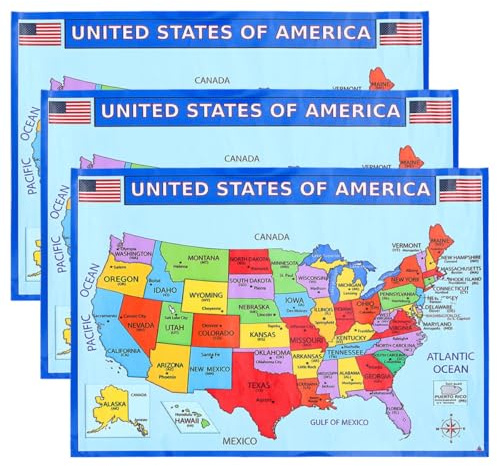 Lurrose Poster Mappa Murale Dell’america 3 Pezzi Laminata Stati e Città per Aule e Camere da Letto, Manifesto Educativo Geografico per Bambini e Studenti, Decorazione da Parete Resistente