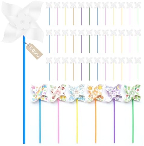 Juego de 100 molinillos de viento para manualidades, colorido arco iris de plástico y papel, resistente a la intemperie, carillones de viento para jardín, césped, fiestas, escuela, Pascua, actividades
