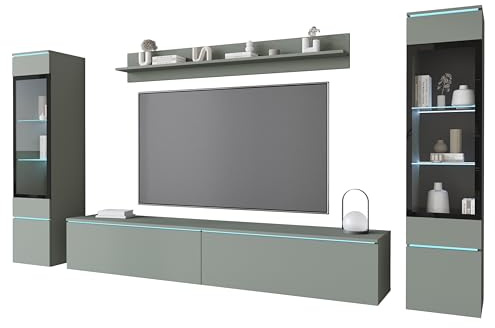 Muebles Slavic Grand Ensemble de Meubles de Salon Vera II LED, Meuble TV Rangement pour Salon, Éclairage, Vitrines en Verre, Étagère, Banc TV, Suspendu ou sur Pieds, Finition Vert Brumeux