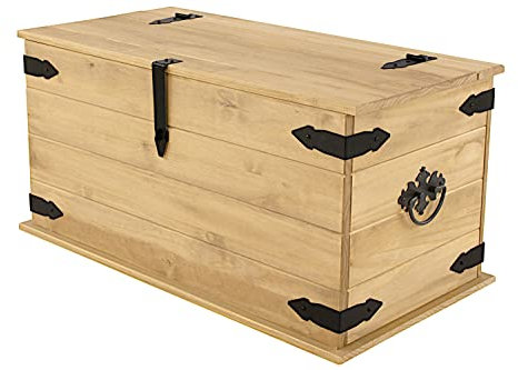 SAM Truhe Santa Fe, Kiefernholz, Mexico-Möbel, Couchtisch mit einem Stauraum, gewachst, schwarze Metallgriffe