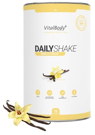 VitalBody+ DailyShake Vegan Mahlzeitenersatz-Shake, Vanilla Cream, 450 g | 15 Mahlzeiten, zum Abnehmen, nur 250 kcal pro Shake, vollwertig, kalorienarm ersetzen