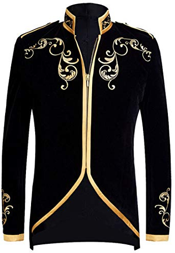PYJTRL Snygg hovprins-jacka i svart sammet och guld med broderi, blazer, kavaj, Svart, XS