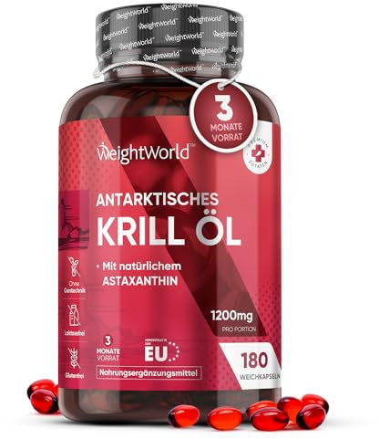Antarktisches Krillöl Weichkapseln - 1200mg pro Portion - Liefert Omega 3, DHA, EPA, Astaxanthin, Cholin, Marine Phospholipide -180 Softgels für 3 Monate - Alternative zu Krillöl Kapseln - WeightWorld
