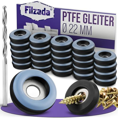 Filzada® 20x Teflongleiter zum Schrauben Ø 22mm Rund - Möbelgleiter PTFE | Profi Stuhlgleiter inkl. Schrauben & Bohrer - Teppichgleiter raue Böden, Fliesen, Teppich - hohe Belastbarkeit - geräuscharm