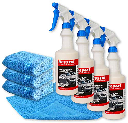 Brestol GFK-POLITUR 4x 750 ml + 4x Poliertuch (7554.5) - Waschen ohne Wasser Autolack Schnellreiniger Folienreiniger Carnaubwachs HM10 Ultraclean Schnellpolitur