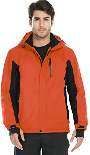 FREE SOLDIER Wasserdichte Skijacke für Herren, mit Fleece gefüttert, warm, mit Kapuze (Orange, XL)