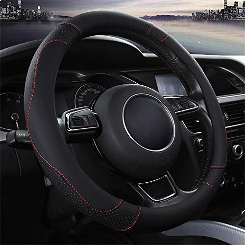 Universal Auto Lenkradhülle Lenkrad Abdeckung Heavy Duty Lenkradbezug aus echtes Leder 37-38CM / 15'' Anti Rutsch Lenkradabdeckung Lenkradschoner (Schwarz)