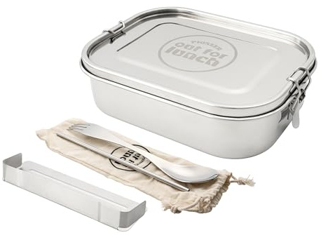 Pioneer Out for Lunch auslaufsicheres, ofenfestes Lunchbox mit Metalltrenner aus hochwertigem Edelstahl – Hochglanzpolitur, 1400ML, mit Göffel und Strohhalm, Bento-Box