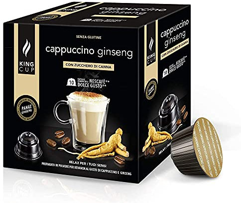 King Cup - 1 Confezione da 10 Capsule di Cappuccino al Ginseng con Zucchero di Canna, 10 Capsule 100% Compatibili con Sistema Nescafè Dolce Gusto, Senza Glutine e Senza Lattosio