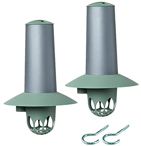 Vogelfutterstation, Meisenknödelhalter, Futterspender, Futtersäule 2er-Set in der Farbkombination GRÜN-GRAU mit Schraubhaken