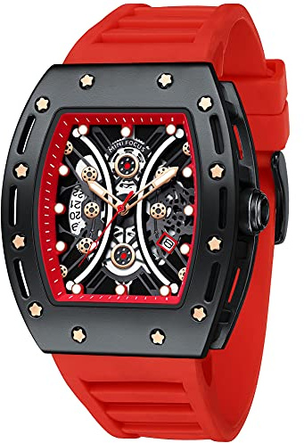 MF MINI FOCUS Watch for Men Wristwatch Fashion Hollow Big Dial Luminous Waterproof Sport Analog Quartz Business Mens Watches Red Silicon Strap Dress Watch