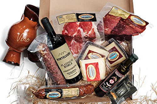 MONTELUEÑO | Cesta Gourmet Ibérica Plus - Surtido de embutidos ibéricos naturales con Chorizo, Salchichón, Jamón, Cecina, Quesos, Vino, Aceite OVE, Picos. Ideal para picoteo, regalo, cesta navidad.