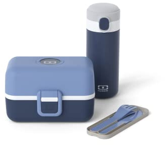 MONBENTO - Set Bambini Infinity Porta Pranzo Lunch Box - Con Bento Box MB Tersor con Scomparti, Set di Posate Riutilizzabili MB Pocket Color, Borraccia MB Pop - Senza BPA - Blu