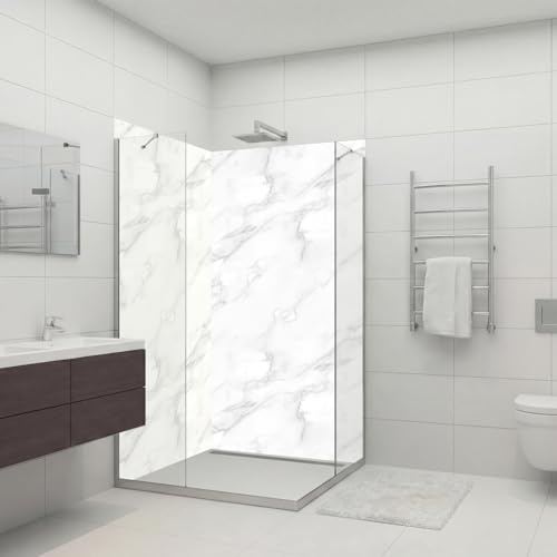 dedeco Eck-Duschrückwand wasserfest Motiv: Marmor V4, 2 x 100x200 cm, als Badrückwand zum Fliesenersatz, als Dekorwand, Wandverkleidung und Duschplatte aus Aluminium - Made in Germany