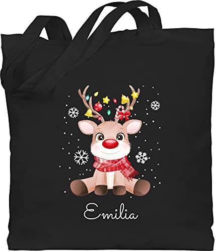 Baumwolltasche - Kinder Geschenke - Süßes Rentier mit Name Wunschtext I Geschenk Rentier Weihnachten I Rudolph Reindeer Rudolf - Unisize - Schwarz - weihnachts tasche christmas xmas jutetasche