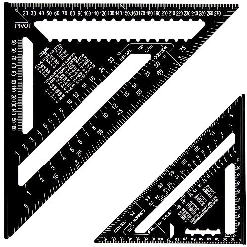 YOUNTHYE 2PCS Speed Square, 12 inch & 7 inch Carpenters Tools Metric Triangle Ruler Protractor, Aluminium Rafter Square Metric for Angle Measuring Marking