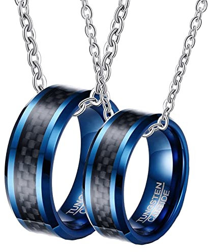 Partner Ketten für 2, Partner Ketten mit Gravur Blau Halskette Personalisiert 8 mm Blauer Ring mit Kohlefaser Einlage Halsketten für Ehemann