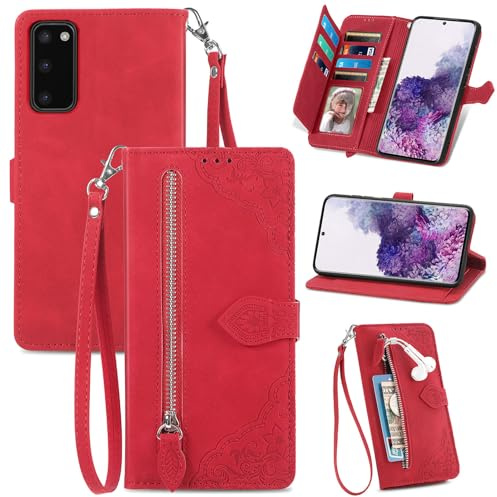 JayModCase Fodral för Samsung Galaxy S20 5G, Plånboksfodral [kortfack] [magnetisk] vikbart fodral Stativ och Korthållarekortplatser kompatibelt med Samsung S20 5G - Röd