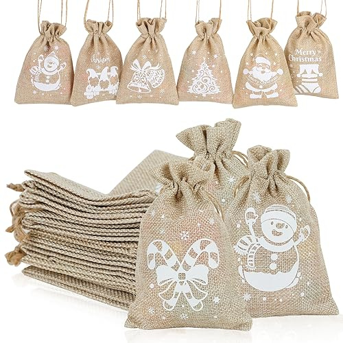 DERAYEE 12 Stück Weihnachtstüten Set,Jutesäckchen,Weihnachtstasche Karikatur, Weihnachtsmann, Schneemann, Elch, für Kinder Weihnachtsgeschenke