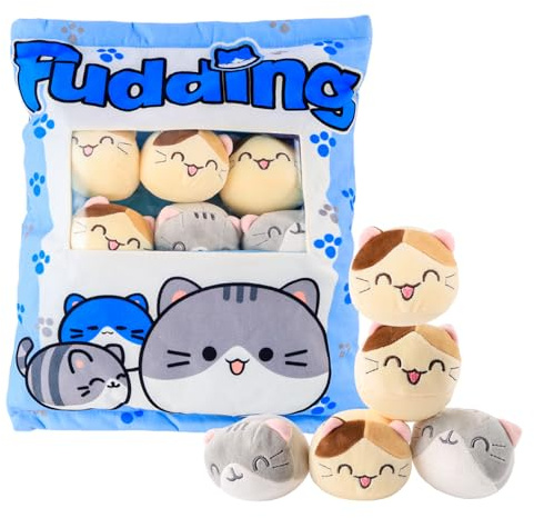 Necdeol Katze Plüsch Kissen, Snack Kissen, Pudding Kissen Abnehmbare Katzen-Puppen-kreative Spielzeug, Niedliche Dekoration Geschenk für Jugendliche, Mädchen, Kinder (8 blau Kätzchen)