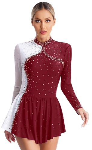 Agoky Damen Glänzend Eiskunstlauf Kleider Langarm Rollschuhkleider Farbblock Tanzkleider Elegant Glitzer Trikot Leotard mit Tutu Rock Dancewear