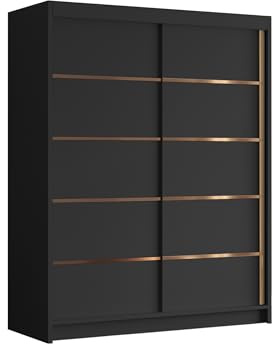 Mirjan24 Kleiderschrank mit Goldverzierung Femosa IV 150 cm Breit, Garderobenschrank, Schlafzimmerschrank mit Kleiderstange und Einlegeböden für Kleidung (Schwarz)