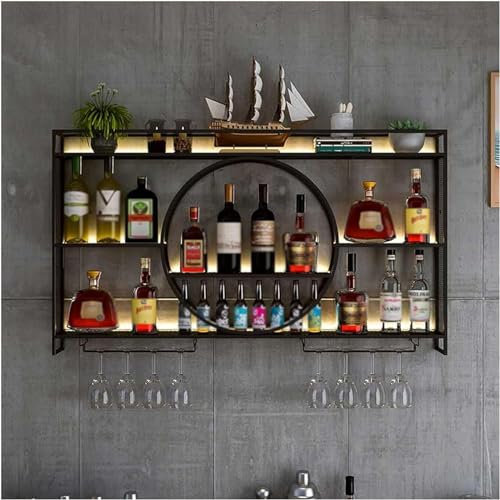 Mensola a Soffitto Mensole Galleggianti per Parete, Portabicchieri in Metallo per Una Facile Installazione Portabottiglie A Parete A 2 Livelli con Portabicchieri per Cucin(Size:140*15*80cm,Color:Nero)