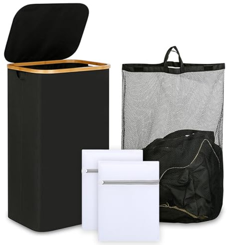 Flouricelline 100L Extra Large Capacity Cestino pieghevole in bambù per il bucato sporco nero con sacchetto di stoccaggio e 2 sacchetti per il bucato sporco per la conservazione dei giocattoli (nero)