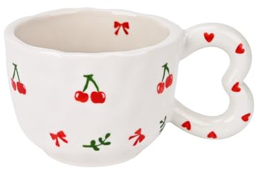 Koythin Tasse à café en céramique, joli design créatif avec poignée en forme de cœur pour la maison et le bureau, passe au lave-vaisselle et au micro-ondes, 300 ml pour thé au lait latte (nœud cerise)
