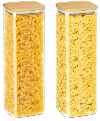 YUEYEE Barattoli da 2200ml con Coperchio,Contenitori in Vetro con Coperchi in Bambù,Trasparenti con Coperchio per Avena, Cereali,Pasta,Riso,Noci,Farina, Set da 2 Pezzi,28 cm
