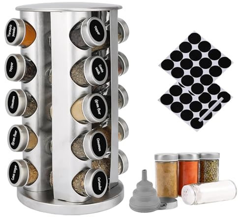 EHIOG 360°Porta Spezie Girevole per Cucina, Porta Spezie per Cucina Orbicolare con 20 Barattoli per Spezie, Inclusi Etichette e Pennarello, Facile da Pulire- Salvaspazio