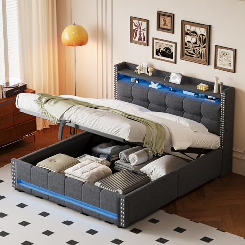 Aoskem Polsterbett 160x200 cm Doppelbett LED-Bett mit Stauraum, Kopfteil mit USB-Ladestation und Ablagen, Bettgestell mit Lattenrost, Hydraulisches Stauraumbett Jugendbett, Ohne Matratze, Leinen Grau
