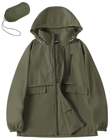 Avoogue Lightweight Walking Raincoat Women Waterproof Windbreaker Packable Biking Hooded Rain Shell (Army Green, L)