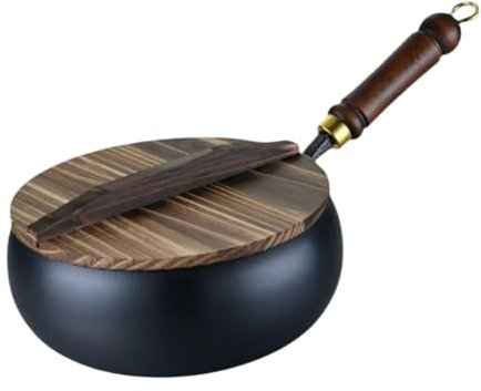 Folpus Wok de Hierro, sartén salteado con Tapa de Madera, Olla de cocción de Fondo Plano, Olla de inducción a casa, Cocina doméstica Chino Wok, 28cm