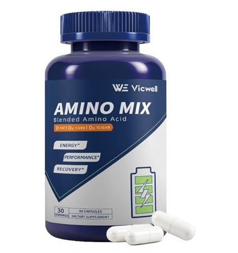 Vicwell Amino Acid, Supports Muscle Recovery and Lean Muscle Growth, Enhances Energy and Endurance, Contains Essential Amino Acids and BCAAs, 90 Capsules (1 Bottle)