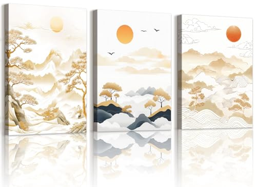 WENGTIAO 3 Stück Sonnenuntergang Berg Leinwand Bilder Kunstdrucke Gerahmt | Abstrakte Kiefer Baum Wolken Natur Landschaft Gemälde auf Leinwand für Wohnzimmer Schlafzimmer Wanddeko 30x40cmx3