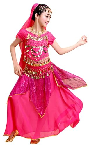 Kinder Mädchen Bauchtanz Kostüme 5-teiliges Set Rock + Oberteil + Taillengürtel + Schleier + Halskette Belly Dance Costumes Indische Tanzkleidung Hip Hop Street Dance Outfits Tanzkostüm