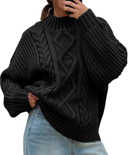 Imily Bela Maglione da donna oversize a collo alto, con bottoni laterali, a maglia grossa, casual, a pipistrello, Nero , M