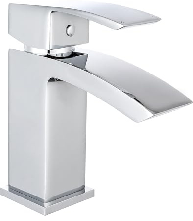 VeeBath Tidal Mono Basin Mixer Tap with Waste – Chrome Finish, Squared Edge Single Lever, Modern Deck Mounted Bathroom Tap, Contemporary Bathroom Mixer Taps for Basins
