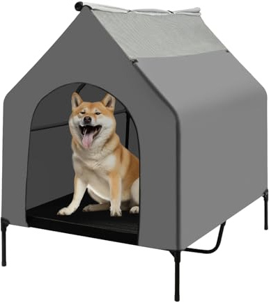 KAPIPALA 2-in-1 Hundeliege mit Dach, Hundehütte Outdoor & Indoor, Erhöhtes Hundebett (125x92x122 cm) bis 30 kg, Wasserdichtes Hundezelt Outdoor, Grau/Schwarz