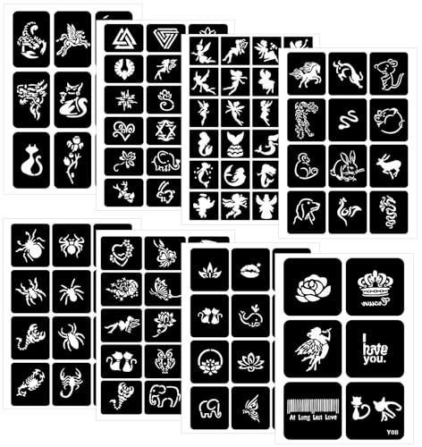 8 Hojas de Plantillas para Crear Diseños en la Piel, Insectos, Animales, Hadas, Símbolos, 108 Plantillas Brillantes como Herramienta para Arte Corporal Temporal