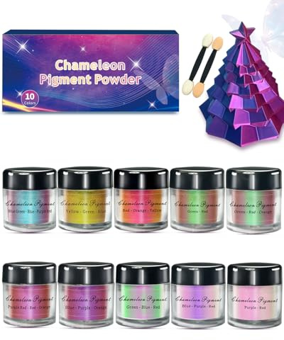 Luckymica Kameleont Mica-pulver - 10 Färger Färgskiftande Pigment för Epoxiharts, Naglar & Slim - Högmättat Krompulver Set för Resin Art, Tvåltillverkning & Målning - Set med 10