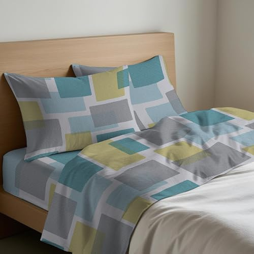 Tata Home Completo Letto Flanella Francese Set Lenzuola Morbido Caldo Cotone Felpato Invernale Antipilling Made in Italy Dis. Square Colore Azzurro